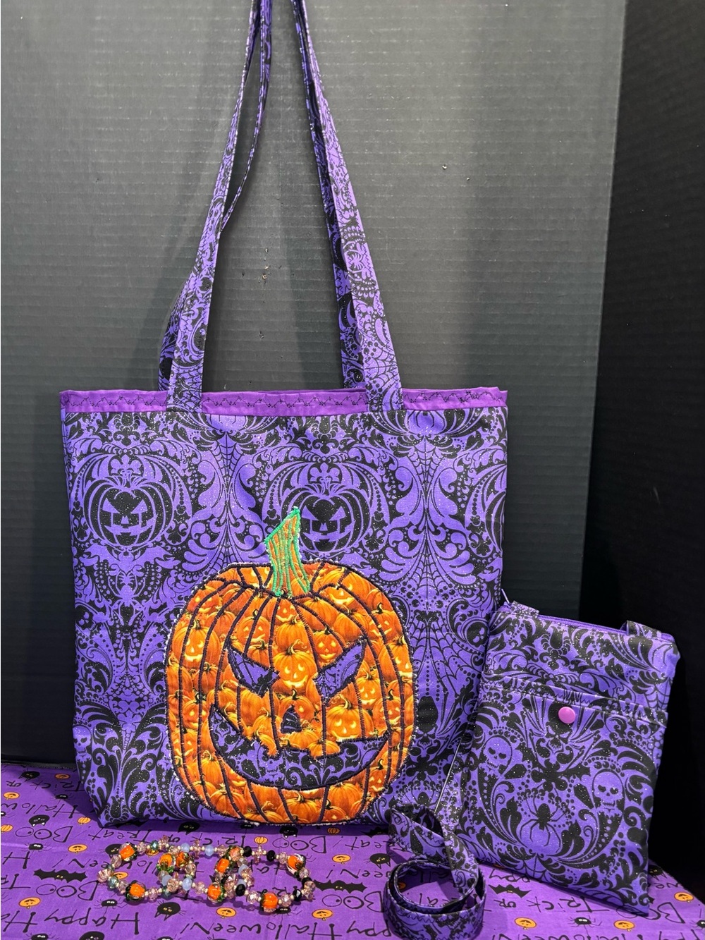 Halloween JackOLantern Quilted Tote Bag & Crossbody Phone Pouches W/Bracelets